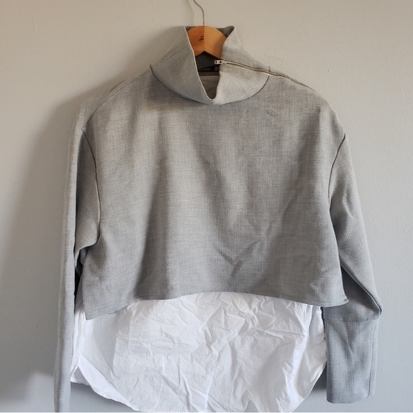 Zara Trafaluc mock neck zipper shoulder Boxy Gray & White Career blouse Sz M - Picture 5 of 7
